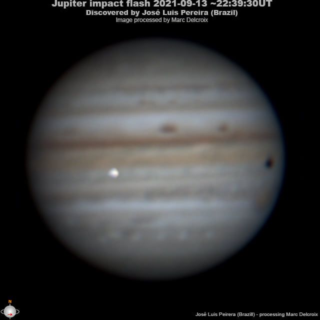 Brazilian observer José Luis Pereira captured this shot of an impactor (bright flash at center-left) hitting Jupiter on Sept. 13, 2021.