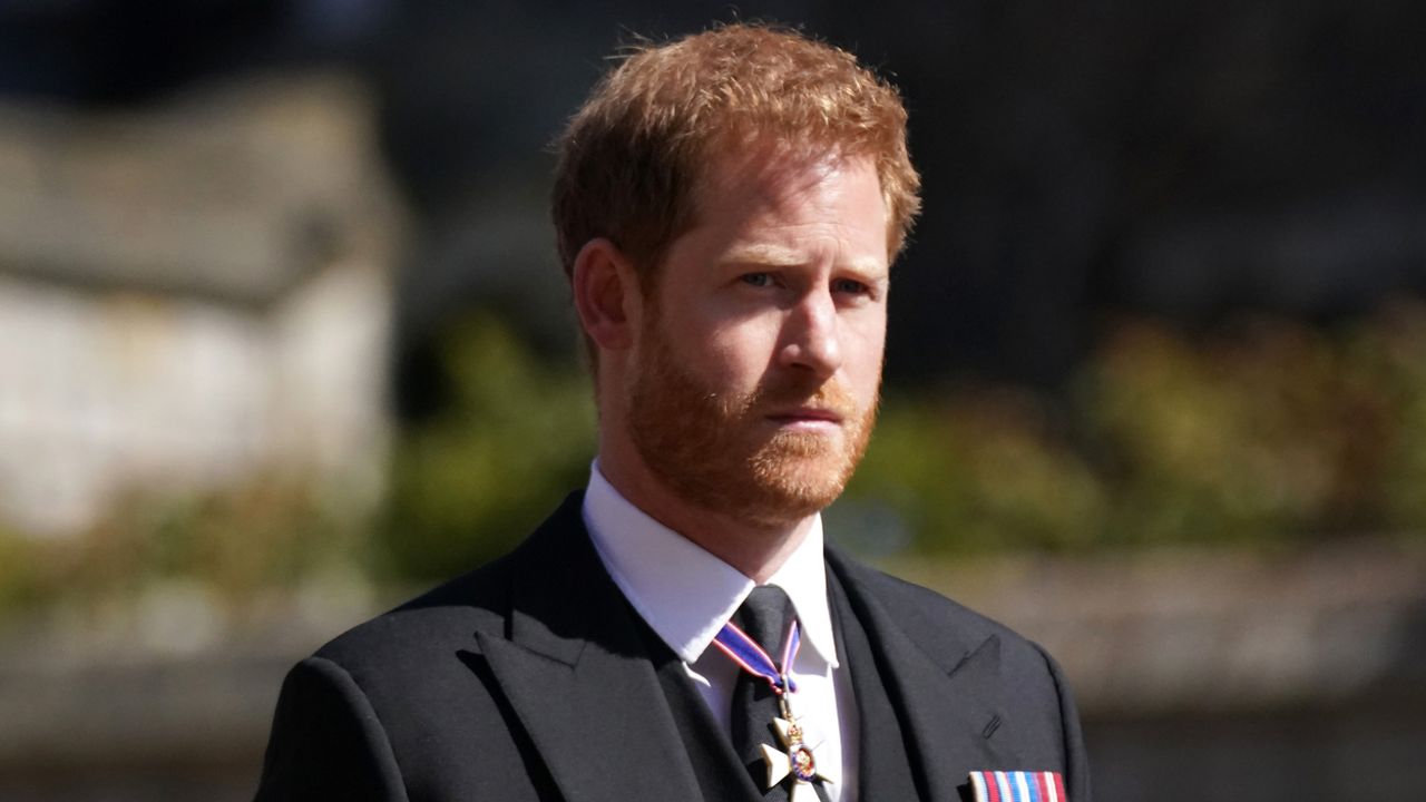 Prince Harry arrives for the funeral of Prince Philip, Duke of Edinburgh at St George&#039;s Chapel at Windsor Castle on April 17, 2021 in Windsor, England. Prince Philip of Greece and Denmark was born 10 June 1921, in Greece.