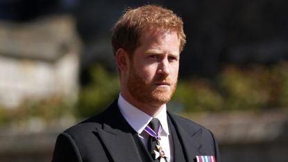 Prince Harry arrives for the funeral of Prince Philip, Duke of Edinburgh at St George's Chapel at Windsor Castle on April 17, 2021 in Windsor, England. Prince Philip of Greece and Denmark was born 10 June 1921, in Greece.