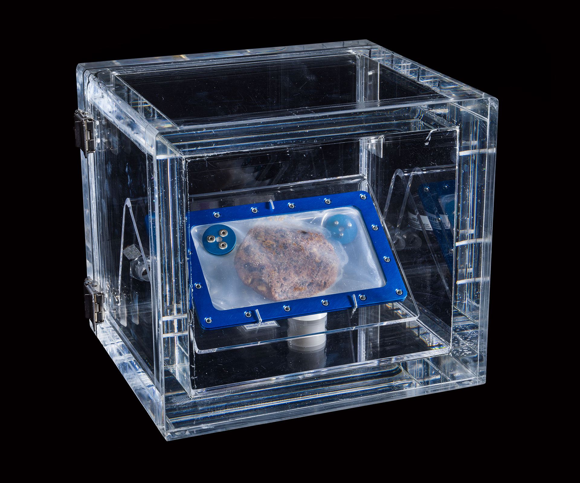 photo of a cookie, inside a plastic case which is also inside a clear lucite cube resting on a dark table