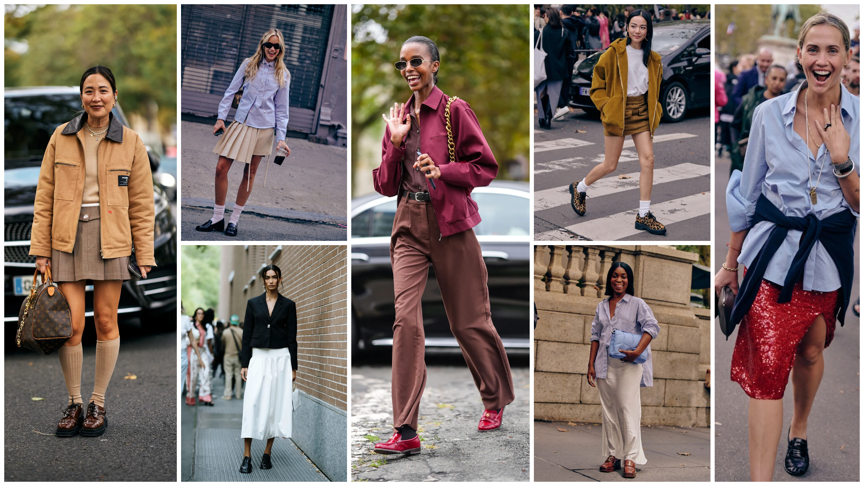 a collage of seven women at fashion week wearing loafer outfits