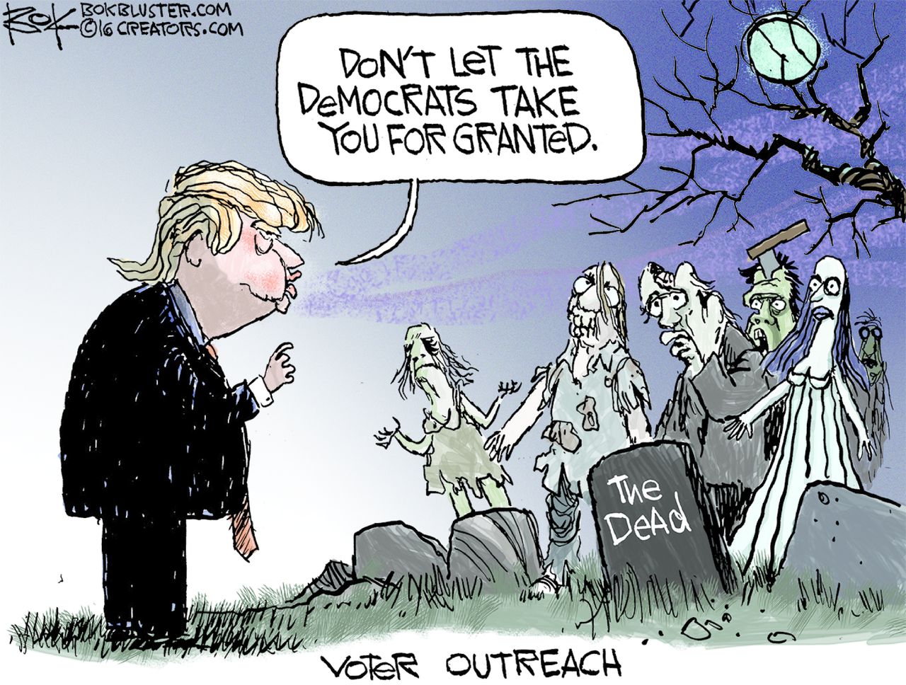 Political cartoon U.S. 2016 election Donald Trump Hillary Clinton dead voter outreach