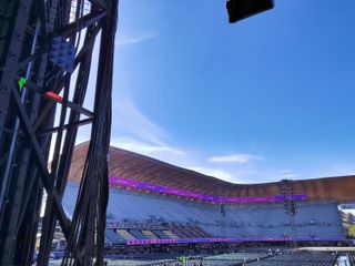 From a discreet perch in the stage rigging, RF Venue’s new CP Stage antenna delivers wireless IEM mixes to the Estadio GNP Seguros stage.