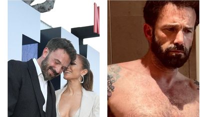 Jennifer Lopez and Ben Affleck kiss on a red carpet