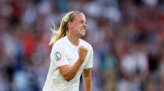 BRIGHTON, ENGLAND - JULY 11: Beth Mead of England celebrates after scoring her sides 5th goal during the UEFA Women's Euro England 2022 group A match between England and Norway at Brighton & Hove Community Stadium on July 11, 2022 in Brighton, England.