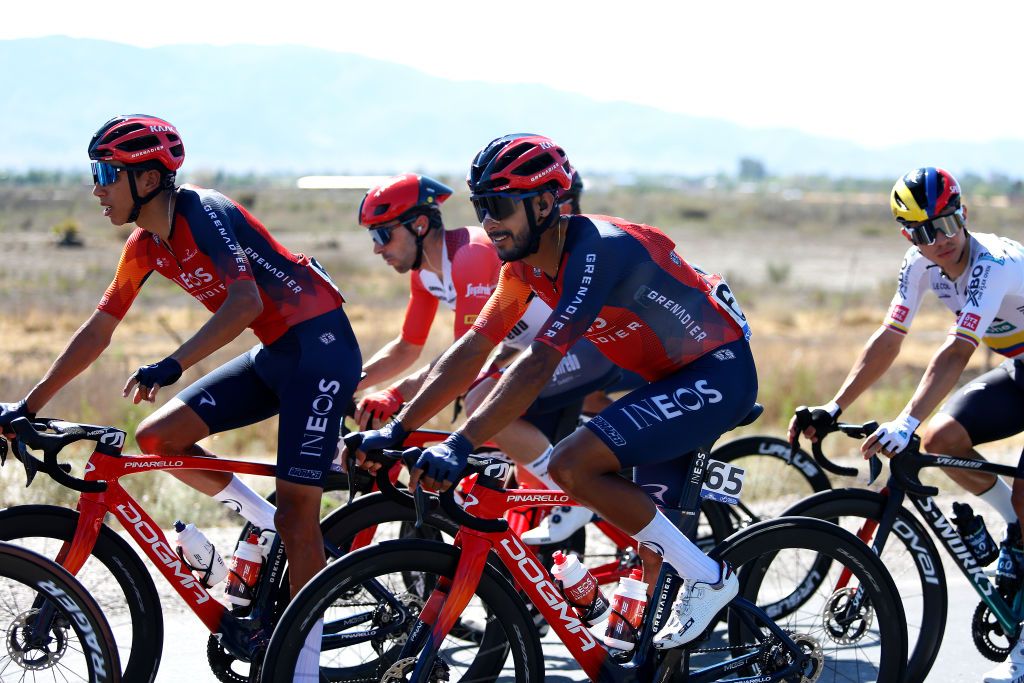 SAN JUAN ARGENTINA JANUARY 24 LR Egan Arley Bernal Gomez of Colombia Brandon Smith Rivera of Colombia and INEOS Grenadiers and Sergio Andres Higuita of Colombia and Team Bora Hansgrohe compete during the 39th Vuelta a San Juan International 2023 Stage 3 a 1709km stage from Circuito San Juan Villicum to Circuito San Juan Villicum VueltaSJ2023 on January 24 2023 in San Juan Argentina Photo by Maximiliano BlancoGetty Images