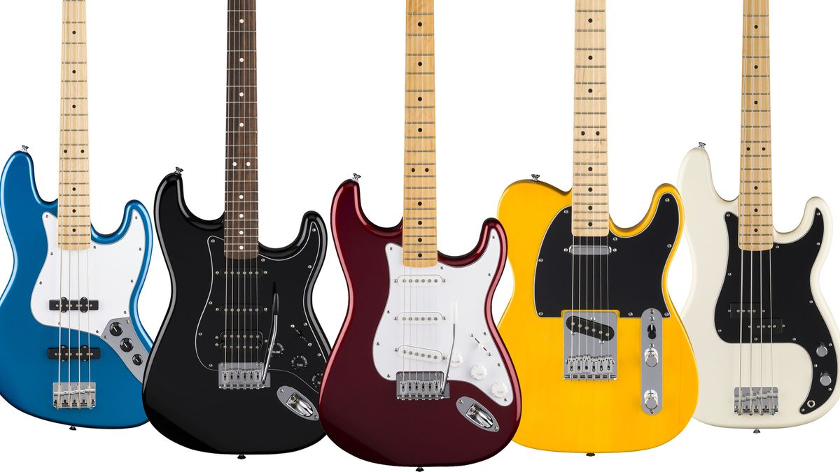 Fender Standard Series: Launched at NAMM 2025, Fender&#039;s new affordable lineup comprises [L-R] the Jazz Bass, HSS Stratocaster, Stratocaster, Telecaster and Precision Bass