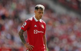 Lisandro Martinez of Manchester United during the Premier League match between Manchester United and Brighton & Hove Albion at Old Trafford on August 07, 2022 in Manchester, England