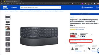 An online listing for a Logitech K860 ergonomic keyboard. The image highlights an offer that provides additional savings when you purchase select hardware with the keyboard.