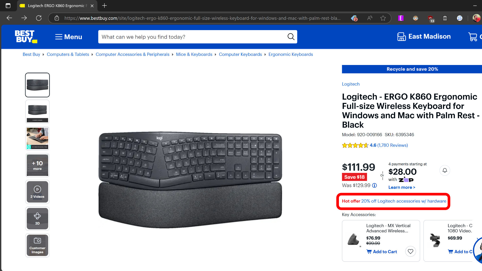 An online listing for a Logitech K860 ergonomic keyboard. The image highlights an offer that provides additional savings when you purchase select hardware with the keyboard.