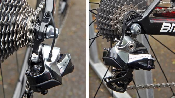 The rear derailleur is mounted to a sturdy, sandwich-type aluminum hanger