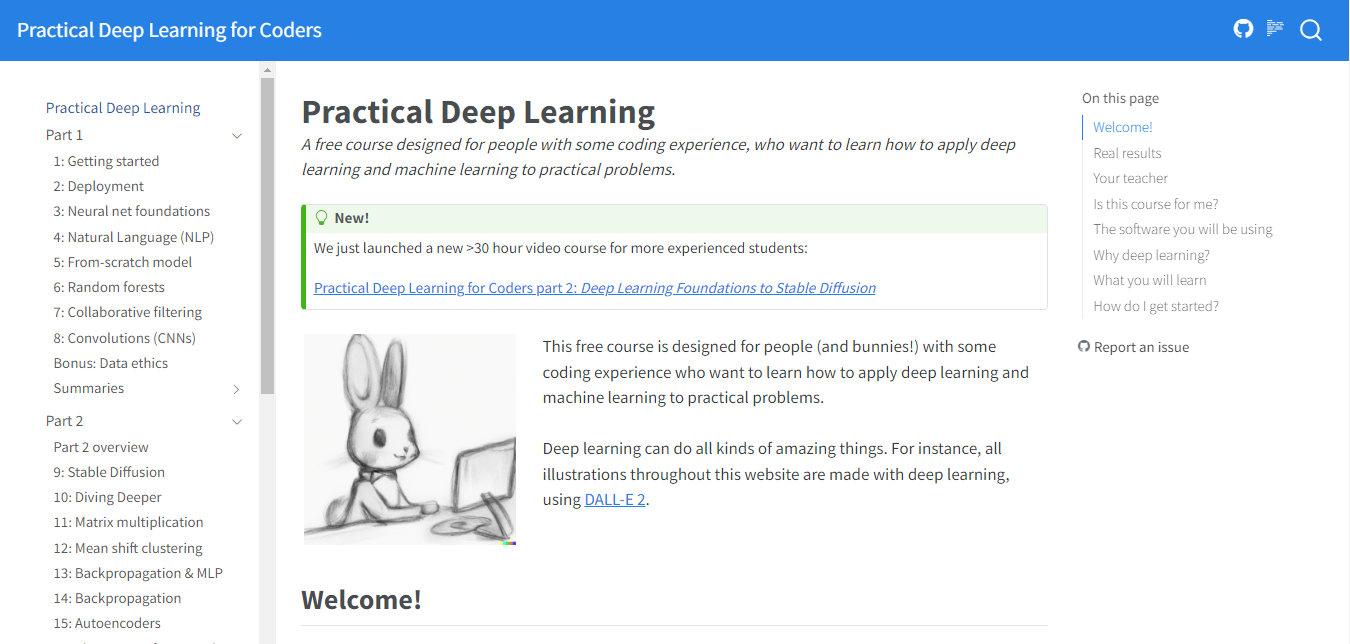 Website screenshot for Practical Deep Learning for Coders by fast.ai