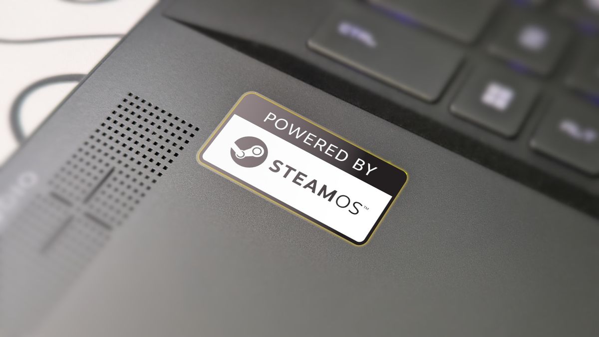 Photograph of a gaming laptop deck with a &#039;Powered by SteamOS&#039; badge added to the image.