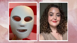 Two images - one of the mask being held, one selfie of senior beauty editor Rhiannon Derbyshire to show the results to her skin