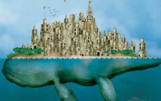 A city above a body of water rises from a sea creature below the water