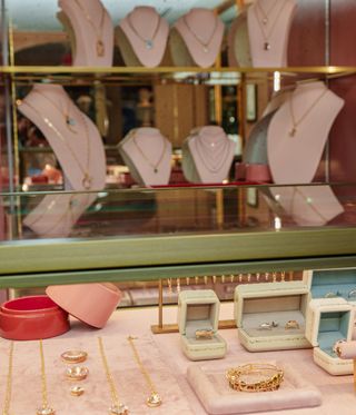 Jewellery on display at counter in The Seven jewellery store in New York