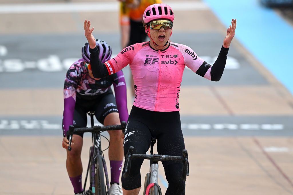 ROUBAIX FRANCE APRIL 08 Alison Jackson of Canada and Team EF EducationTibcoSvb celebrates at finish line as race winner during the 3rd ParisRoubaix Femmes 2023 a 1454km one day race from Denain to Roubaix UCIWWT on April 08 2023 in Roubaix France Photo by Luc ClaessenGetty Images