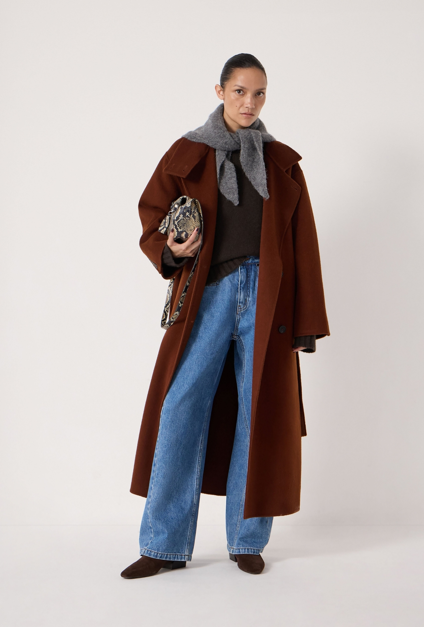 Pure Wool Double Faced Funnel Neck Belted Coat