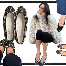 a collage of women wearing Chanel's black, brown, and white leopard and deep print cap-toe pony hair flats