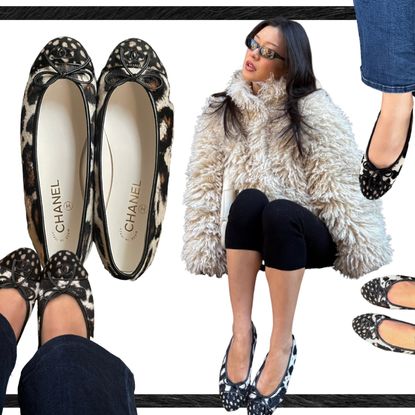 a collage of women wearing Chanel's black, brown, and white leopard and deep print cap-toe pony hair flats