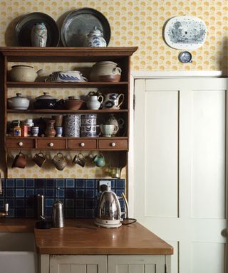 Pottery on shelves and yellow wallpaper