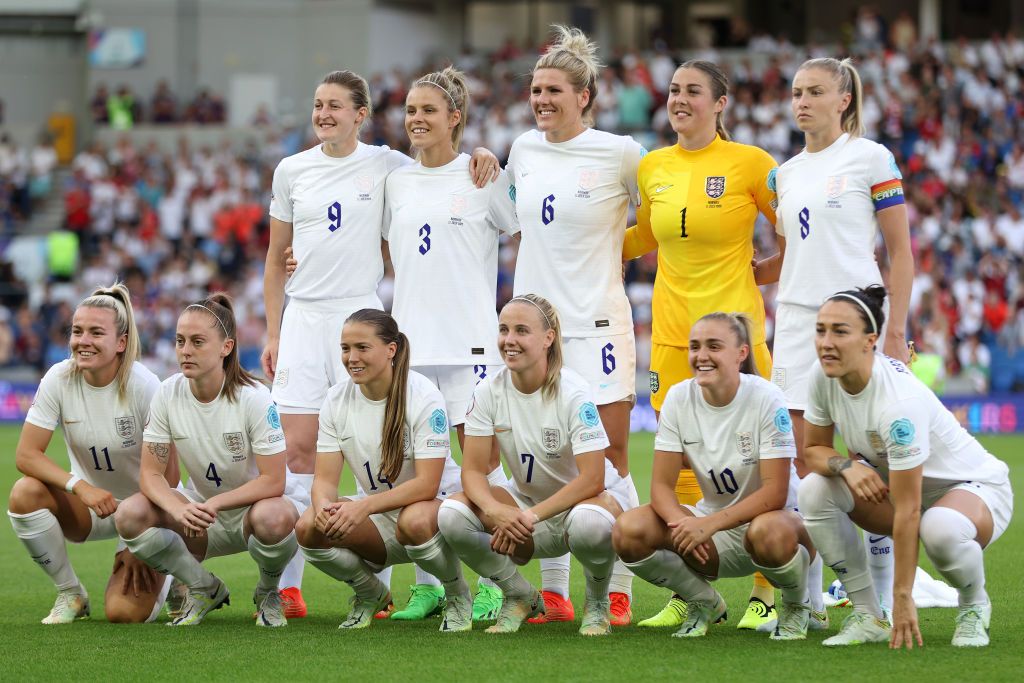 England players pose for a photo prior to the UEFA Women&#039;s Euro 2022 group A match between England and Norway at Brighton &amp; Hove Community Stadium on July 11, 2022 in Brighton, England.