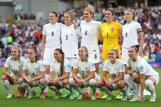 England players pose for a photo prior to the UEFA Women's Euro 2022 group A match between England and Norway at Brighton & Hove Community Stadium on July 11, 2022 in Brighton, England.