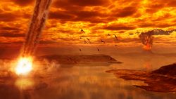 An illustration of a blazing asteroid impact to the left of the image with volcanoes in the distance and large birds flying under a red, ashy sky.