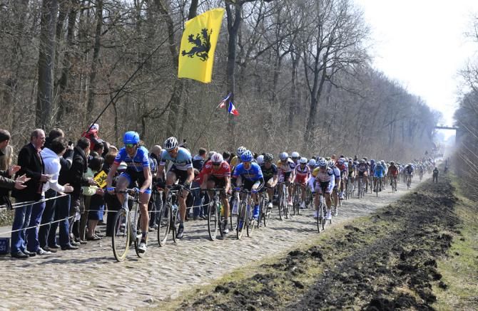 Johan Vansummeren leads the peloton through the Arenberg forest