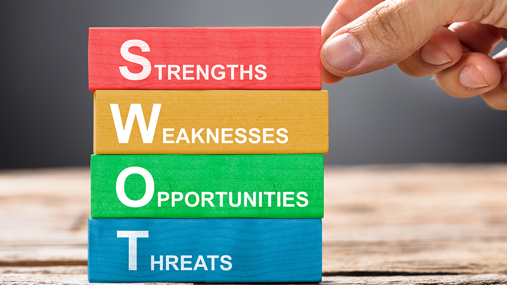 Bricks displaying the components of a SWOT analysis