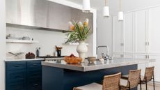 A modern kitchen with blue cabinets, stainless steel finishes, and a painted backsplash