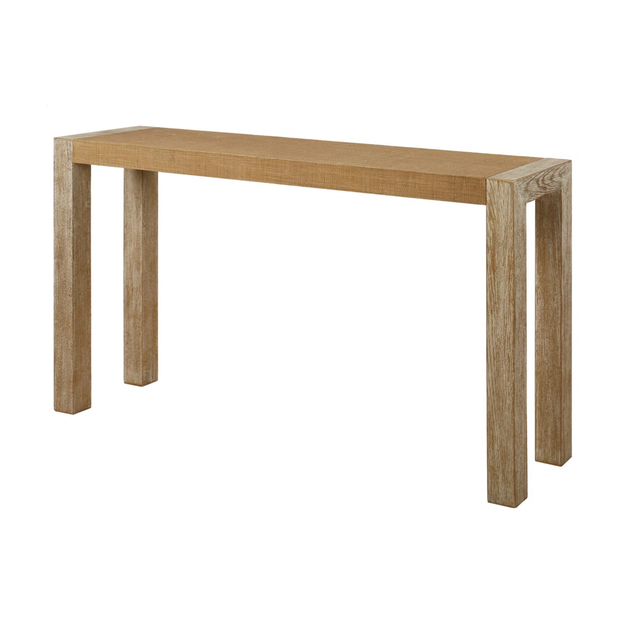 a console table with a grasscloth top surface
