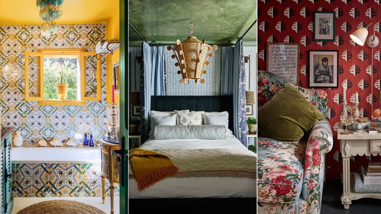 Three spaces with bold, bright patterns