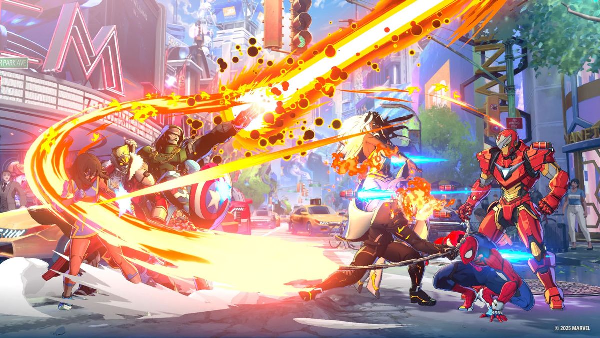 Two teams face off with super attacks in Marvel Tokon: Fighting Souls: Doctor Doom, Captain America, Starlord, and Ms. Marvel versus Storm, Ghost Rider, Iron Man, and Spider-Man