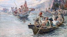 A painting of Lewis and Clark in a boat meeting indigenous people in another boat.