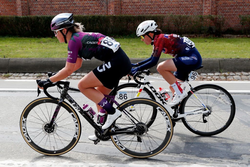 OUDENAARDE BELGIUM APRIL 03 LR Amber Van Der Hulst of Netherlands and Team Liv Racing Xstra and La Stern of Switzerland and Team Roland Cogeas EdelweissIsraelPremier Tech during the 19th Ronde van Vlaanderen Tour des Flandres 2022 Womens Elite a 1586km one day race from Oudenaarde to Oudenaarde RVV22 RVVwomen on April 03 2022 in Oudenaarde Belgium Photo by Bas CzerwinskiGetty Images