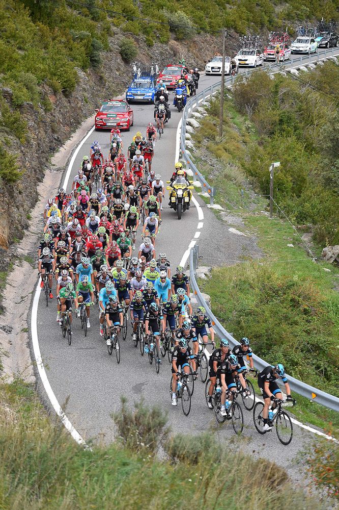 The peloton climbs one of six categorised ascents during stage 11.