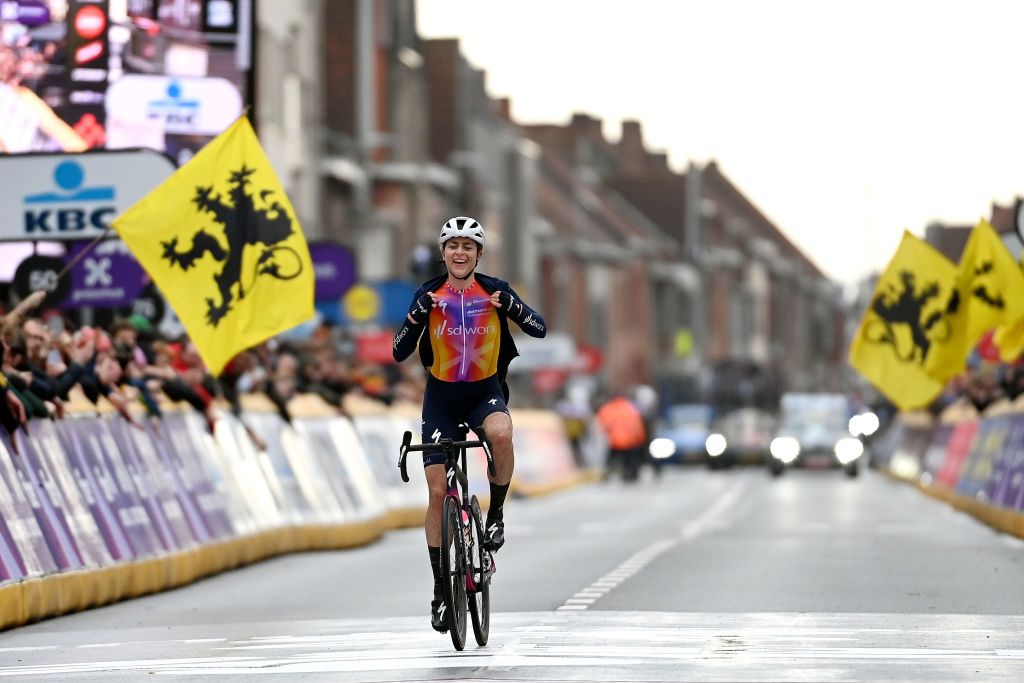 WEVELGEM BELGIUM MARCH 26 Marlen Reusser of Switzerland and Team SD Worx celebrates at finish line as race winner during the 85th GentWevelgem in Flanders Fields 2023 Mens Elite a 2609km one day race from Ypres to Wevelgem UCIWT on March 26 2023 in Wevelgem Belgium Photo by Tim de WaeleGetty Images