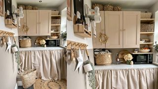 country style utility room with pink wall cabinets and gingham skirted under-counter curtains