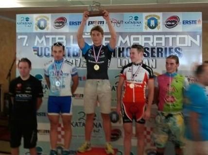 Ucka Marathon elite men's podium. The race is part of the UCI marathon World Series.