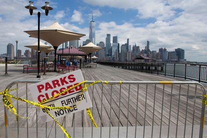 Closed park overlooks New York City.