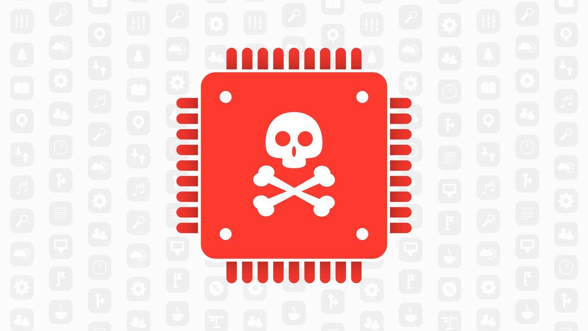 A graphic of a red CPU with a white skull and crossbones on it, placed upon a grey background