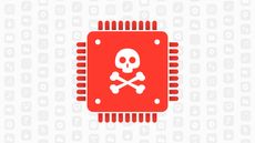 A graphic of a red CPU with a white skull and crossbones on it, placed upon a grey background