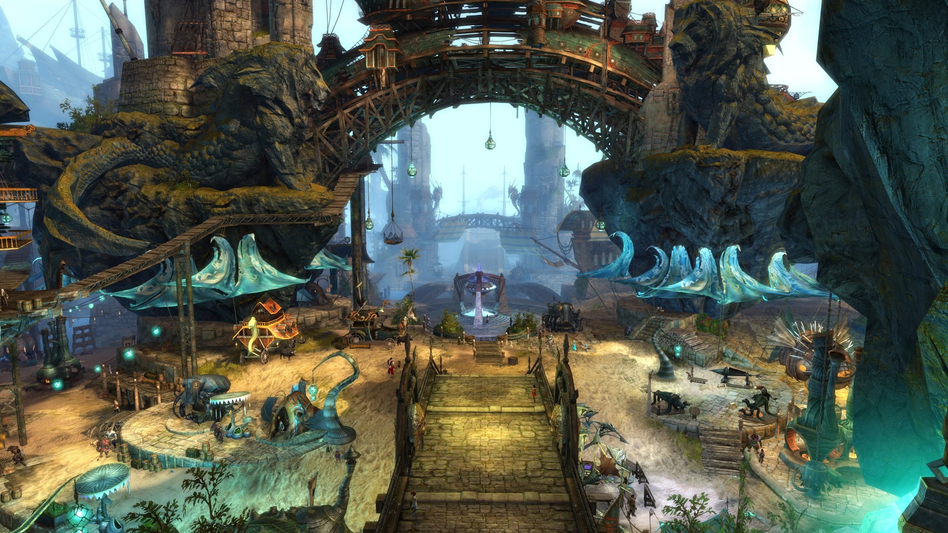 Guild Wars 2 - An overhead view of the original Lion'S Arch, a city of docks and markets with a pirate-y flair.