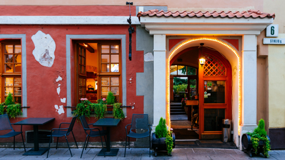 A restaurant exterior in the traditional old town of Vilnius.