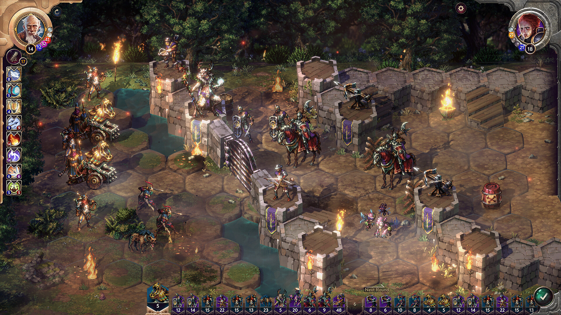 Songs of Conquest screenshot showing a battlefield with two warring armies that include soldiers on horseback and archers on raised platforms