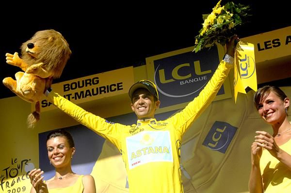 Alberto Contador (Astana) in yellow after stage 16.