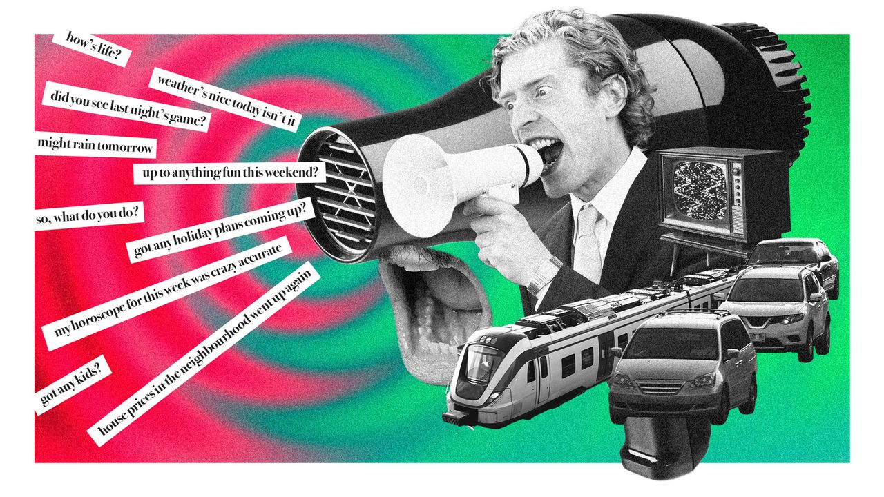 Photo collage of a man with a megaphone, a giant hairdryer, a screaming mouth, a TV, a train and some cars, all making noise. The background is a red and green ripple emanating from the megaphone, like soundwaves, with stock small talk phrases written out, such as &quot;so, what do you do?&quot;