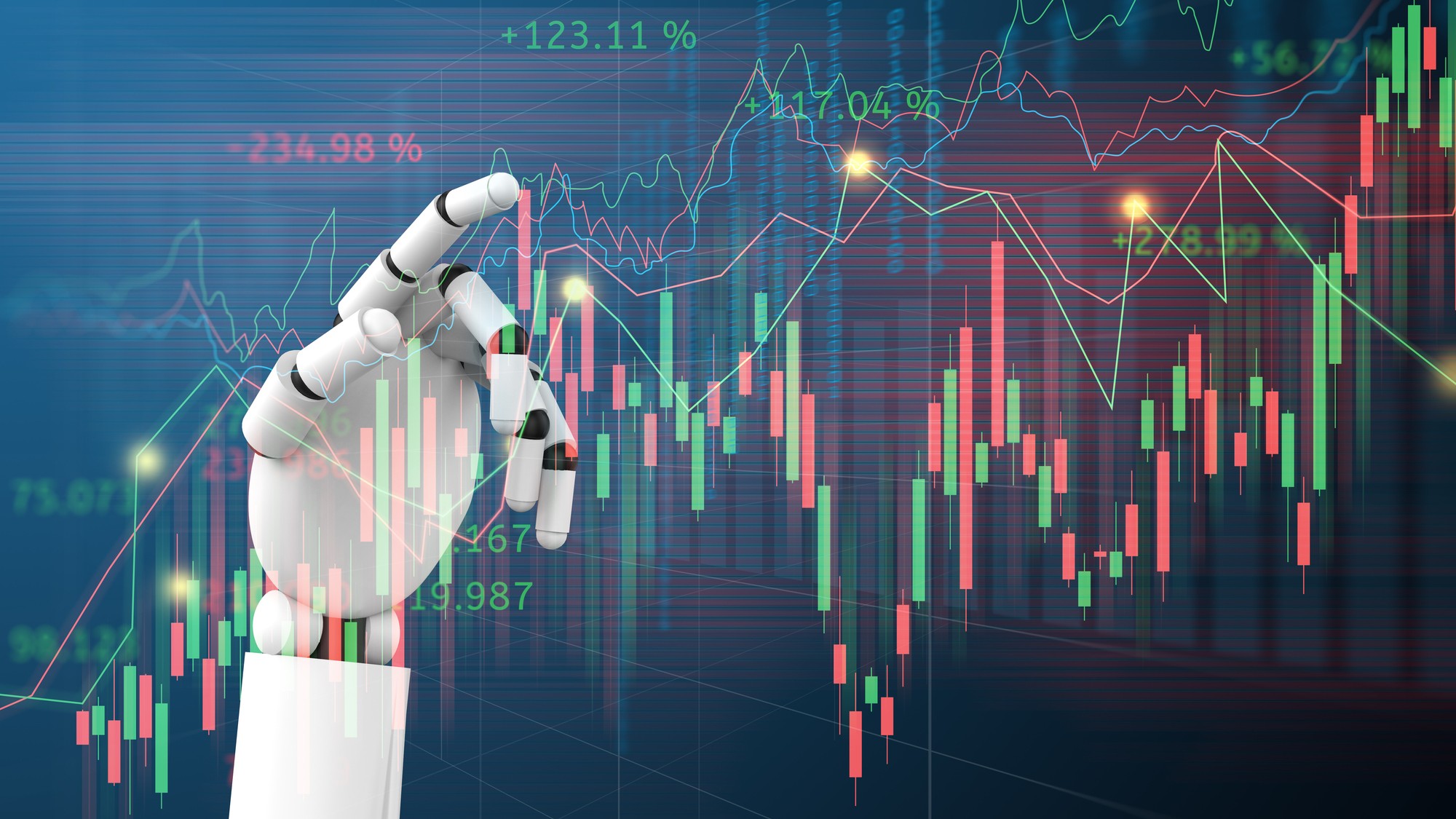 3D image of robot hand over stock data