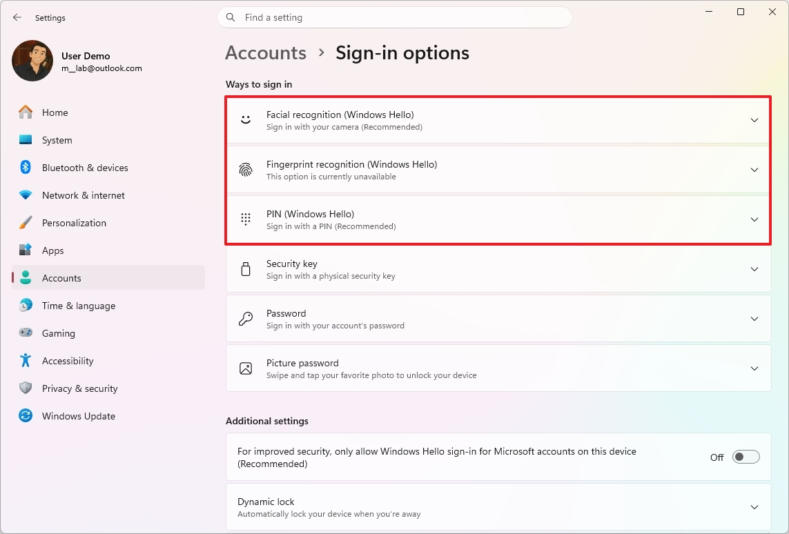 Windows Hello sign-in option